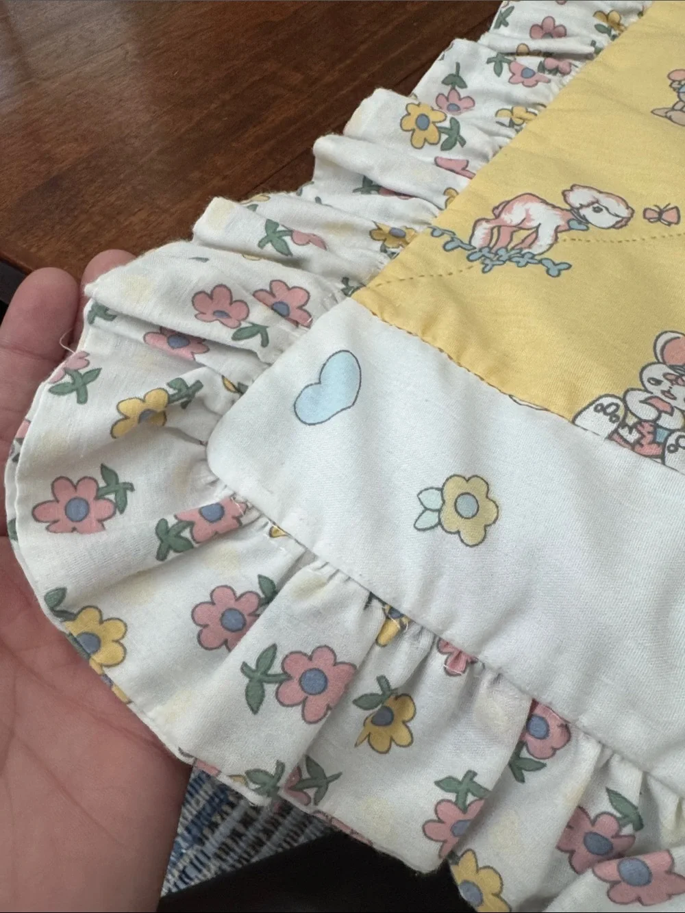 Vintage Precious Moments Quilted Baby Blanket with Ruffle Trim approx 50inX34in
